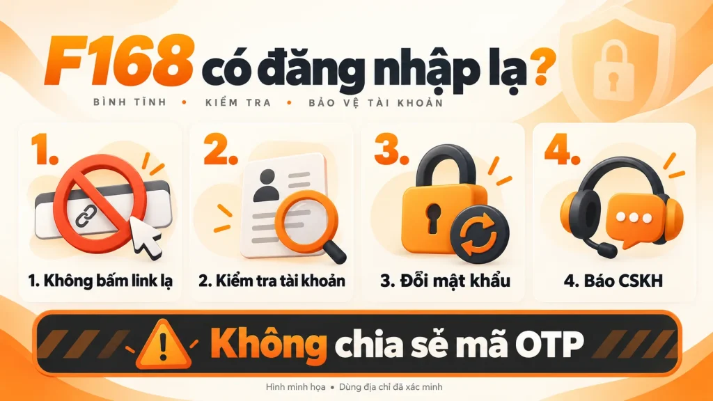 Minh họa bốn bước khi thấy đăng nhập lạ F168: không bấm link, kiểm tra tài khoản, đổi mật khẩu và báo CSKH.