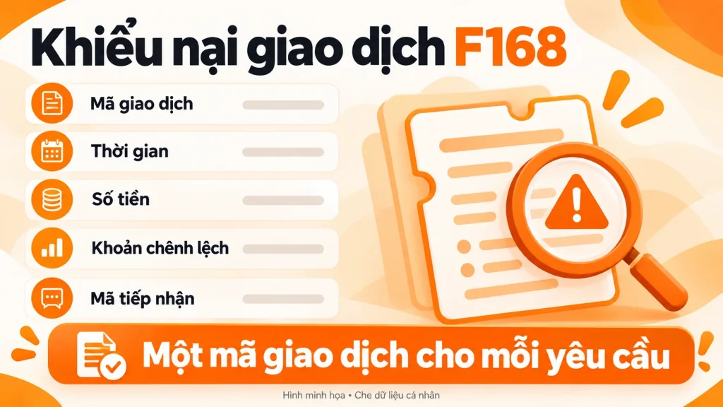 Minh họa năm thông tin cần chuẩn bị khi yêu cầu đối soát giao dịch F168: mã, thời gian, số tiền, chênh lệch và mã tiếp nhận.