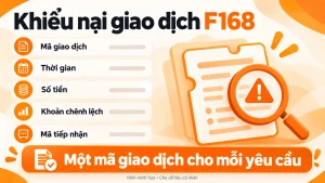 Minh họa năm thông tin cần chuẩn bị khi yêu cầu đối soát giao dịch F168: mã, thời gian, số tiền, chênh lệch và mã tiếp nhận.