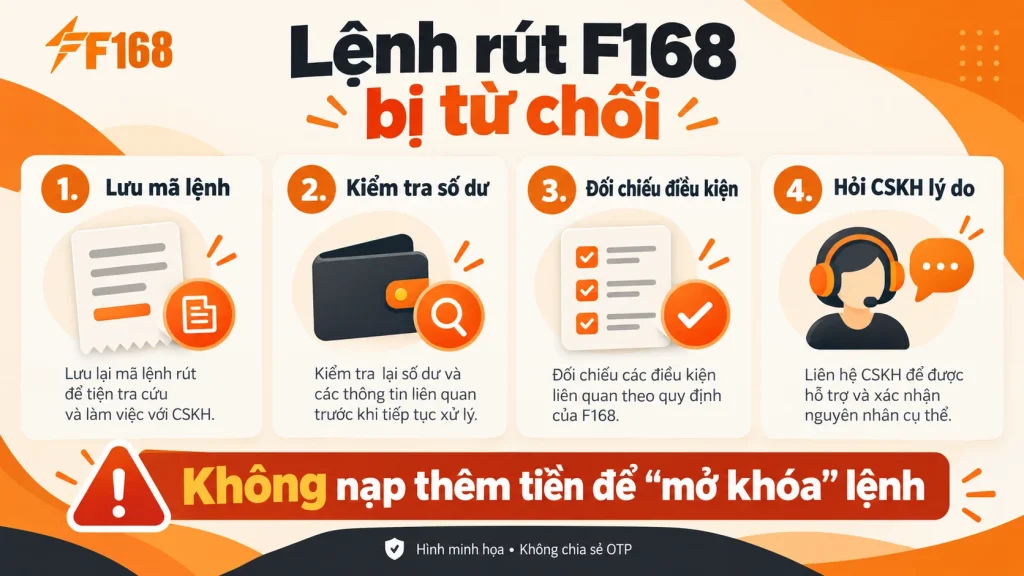 Minh họa bốn bước xử lý lệnh rút F168 bị từ chối: lưu mã lệnh, kiểm tra số dư, đối chiếu điều kiện và hỏi CSKH.