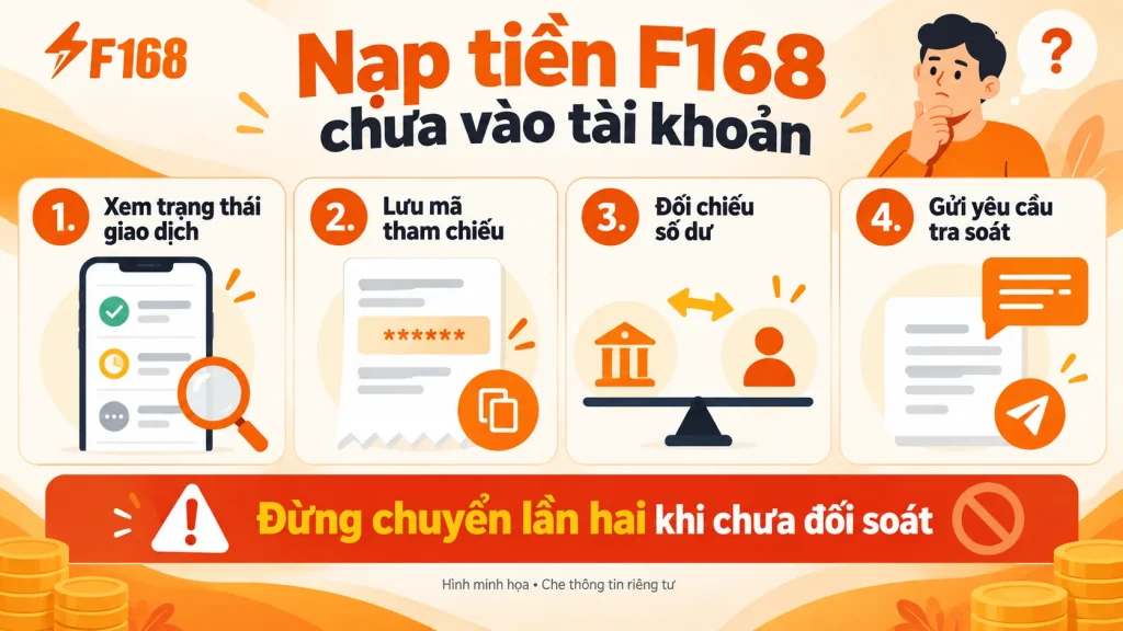 Minh họa bốn bước đối soát giao dịch nạp F168 chưa ghi có và cảnh báo không chuyển lần hai trước khi kiểm tra.